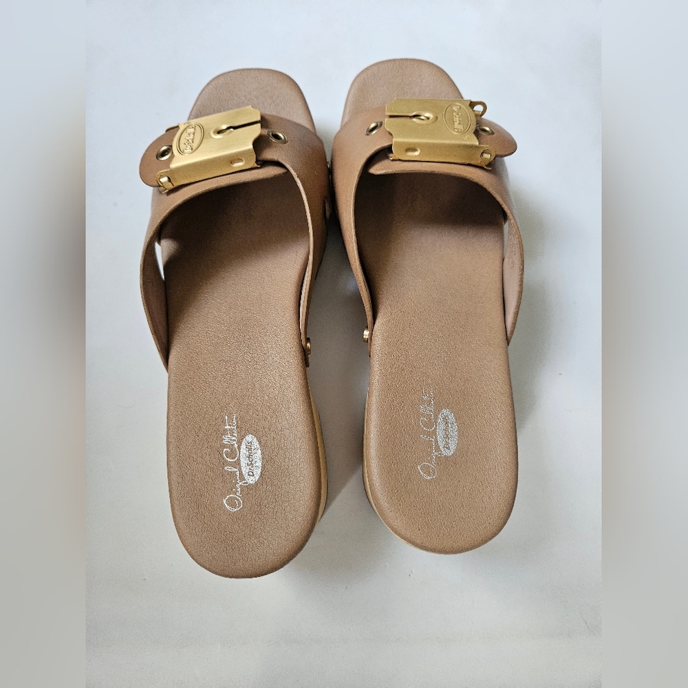 Dr. Scholl's Tan Sandals with Leather Straps and Wooden Sole - Picture 6 of 14